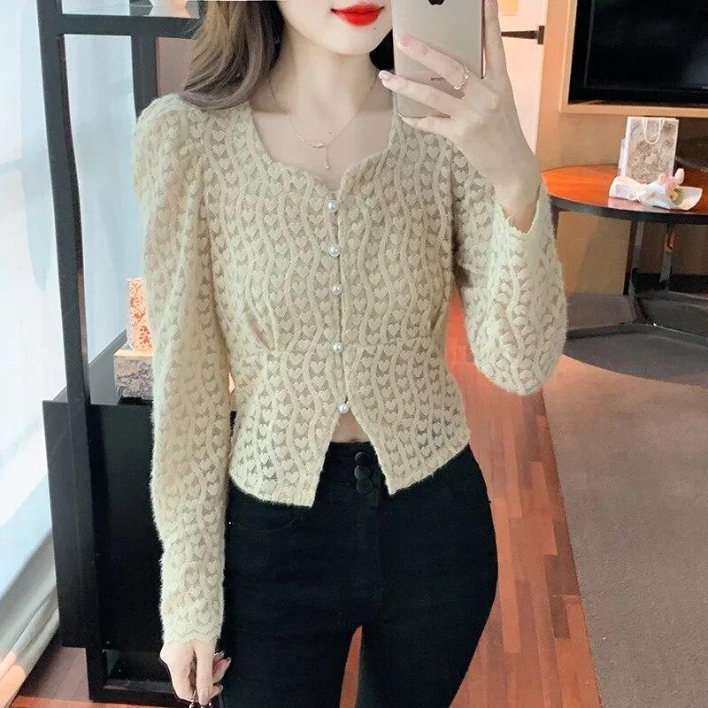 Fashion Long Sleeve Lace Blouse Women Autumn Striped Bottoming Tops Woman Button Up Lace Shirt Women Elegant Clothes 30025