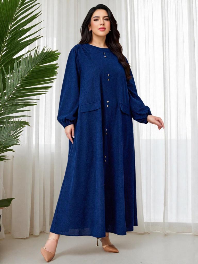 Middle East Plus Size Pleated Solid Long Sleeve Loose Lantern Dress: Comfortable, Flaw-Covering, Slimming Long Skirt