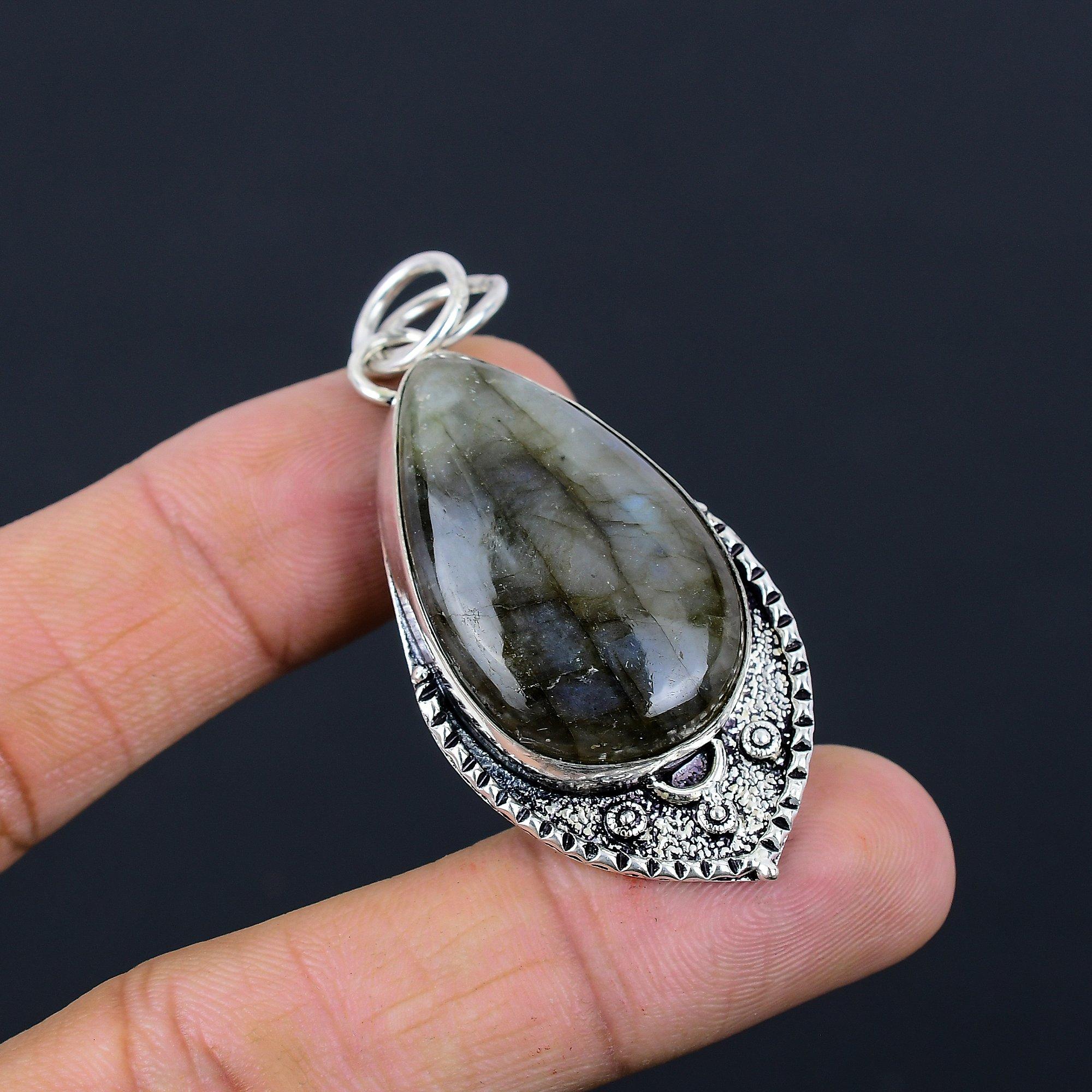 

Pear Natural Labradorite Wedding Daughter Bezel New Art Deco Pendant 925 Silver