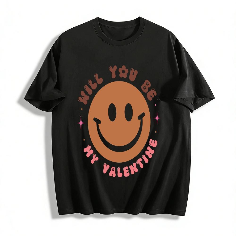 Will You Be My Valentine Retro Smiley Face Graphic Tee Pure cotton T-shirt XXS