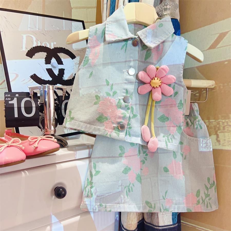 Girls Summer Sweet Denim Two Piece Set With 3D Sunflower Sleeveless Top And Skirt Outfit 80cm