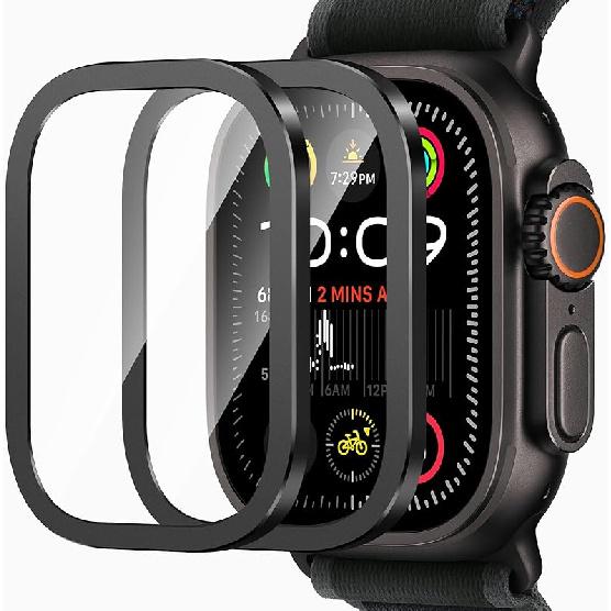 Amizee 2 Pack Metal Case Compatible with Apple Watch Ultra/Ultra 2 Screen Protector Case 49mm with Tempered Glass, Metal Frame Built In HD Glass