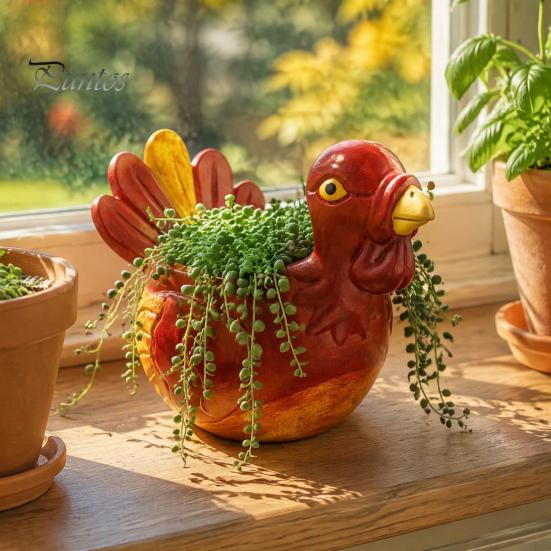 Collectible Resin Animal Statues Hand-painted Turkey Ornament for Thanksgiving, Autumn Harvest Desktop Storage Flower Pots Indoor Plants Organizer,