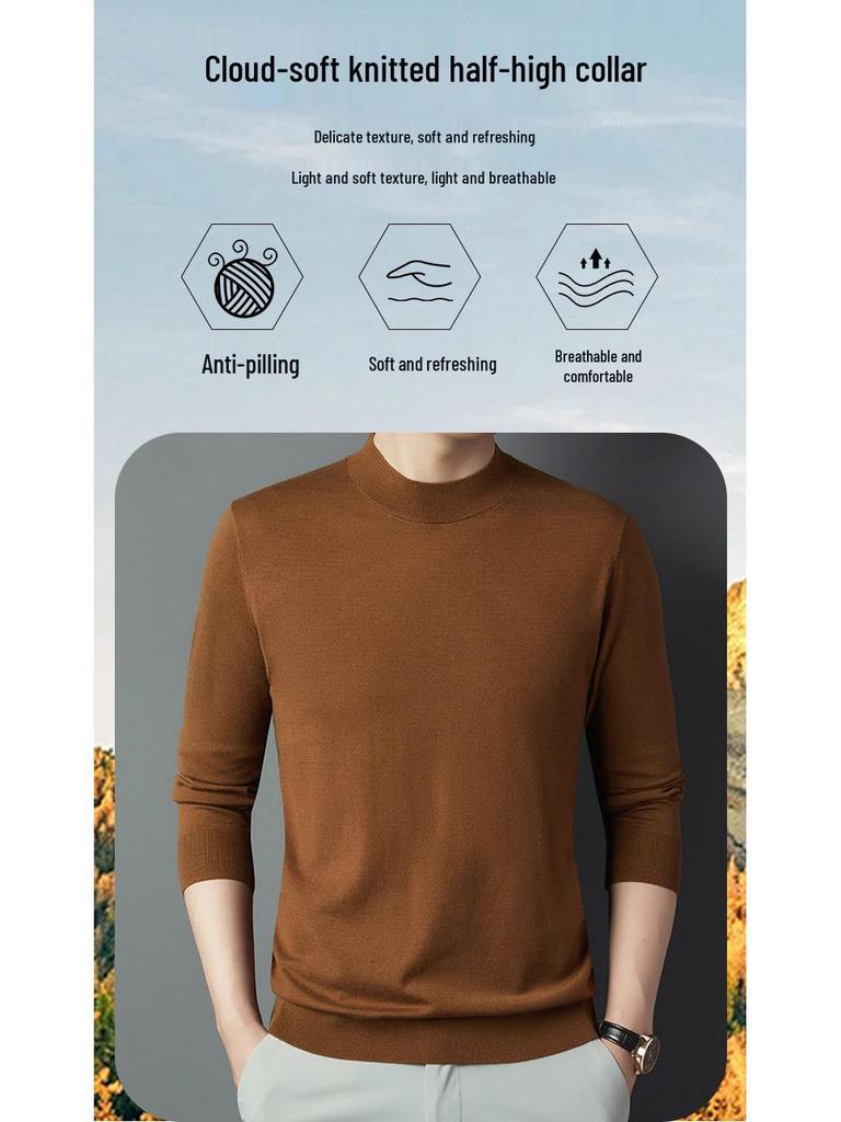 Autumn Wool-Silk Blend High Neck Men's Sweater - Thick Long Sleeve Youth Base Layer