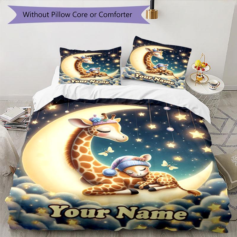3PC Custom Name Giraffe Dreams Moon Bedding Set Duvet Cover Closure Includes 1 Duvet Cover & 2 Pillowcases for Bedroom