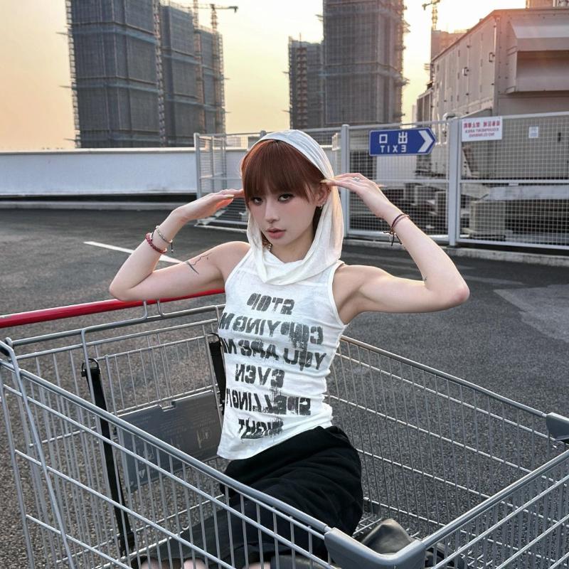 Retro Hoodies Tees For Women Sexy Tops Sleeveless Girls Y2K Tops Letters Cycling Tees Workout Street Wear Gym Sports Fitness Tops