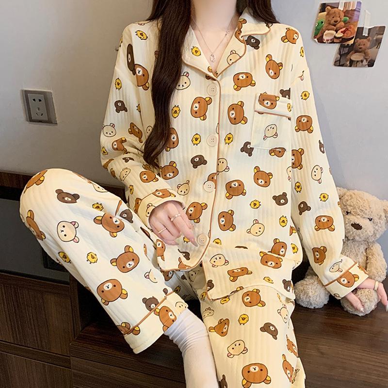 Air cotton pajamas women's autumn and winter long sleeves thickened interlayer warm stars cat student loungewear real shot
