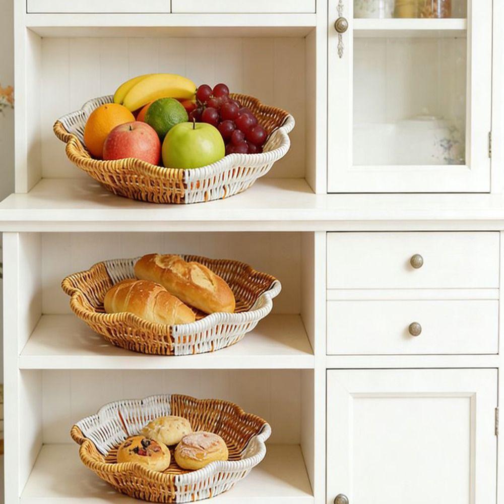 Woven Design Synthetic Rattan Wicker Basket Large Capacity Fruit Bowl Home Decor
