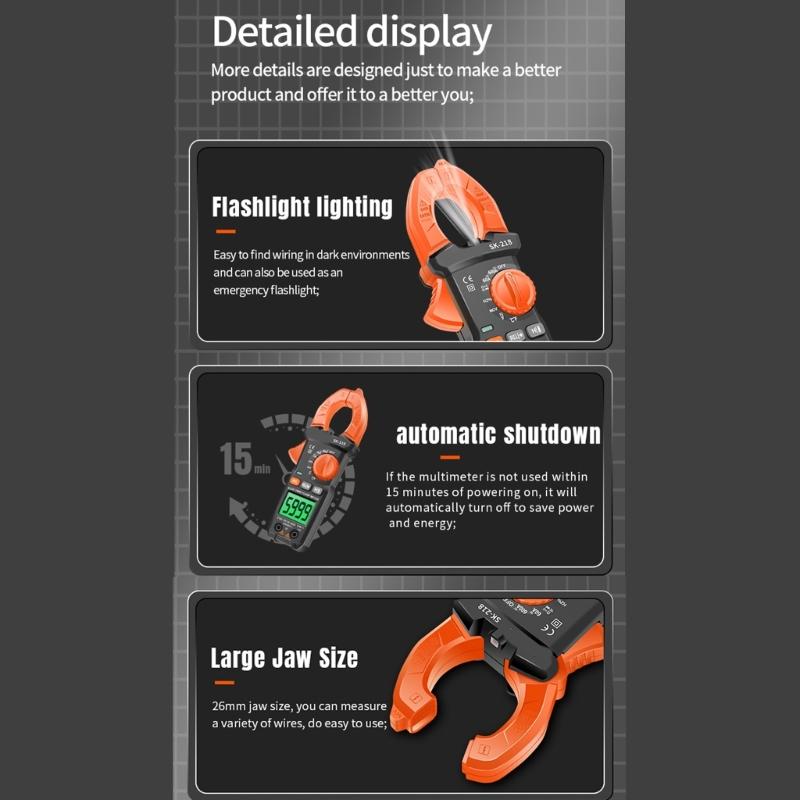 SK-218 Intelligent Clamp Multimeter for Current Up to 600A with Backlit Display and 26mm Large Jaw Opening