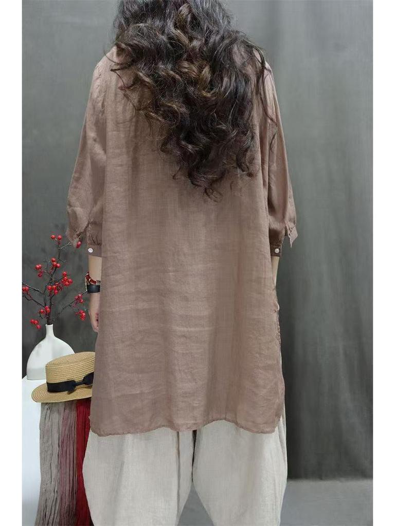Plus Size Casual Embroidered Cotton-Linen Shirt: Spring & Autumn Retro Style