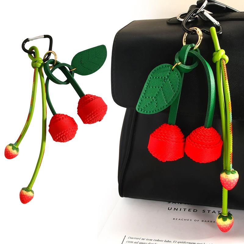 

Cherry Strawberry Keychains For Purse Handbags Bag Charms Leather Green Leaf And Red Cherry Bag Charm Cute Fruit Keychain