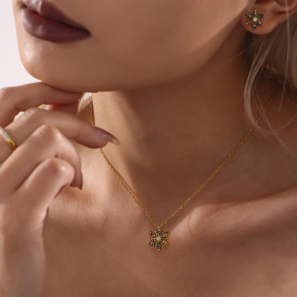 Christmas CNC Snowflake Zircon Pendant Necklace - Non-Fading Titanium Steel Jewelry for Women