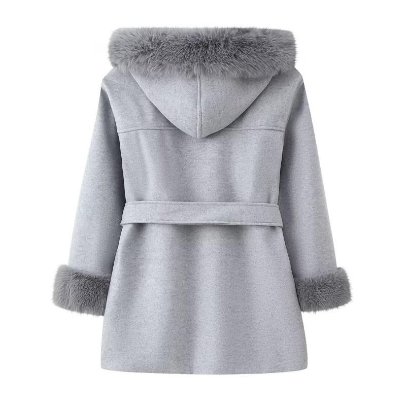 Womens Fall Hooded Tie Waist Loose Wool Blend Jacket Streetwear Casual Outerwear