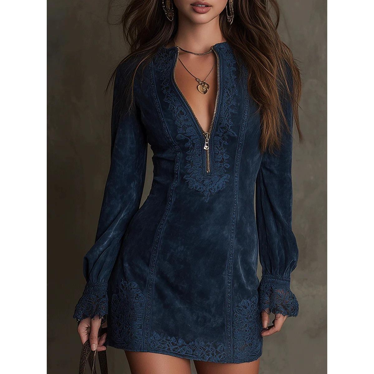 European American Women s Dress, V Neck Long Sleeve Loose Embroidery Dress, Zipper Lace Splice Casual Dress XS