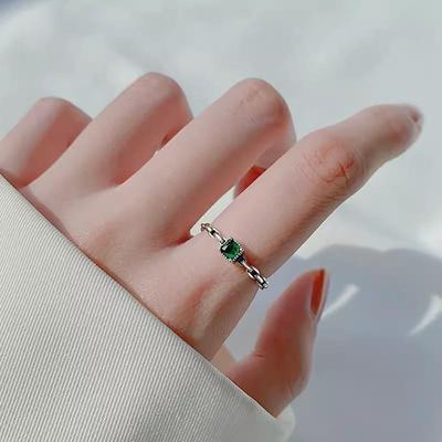 925 Silver-Plated Green Retro Adjustable Square Ring for Women