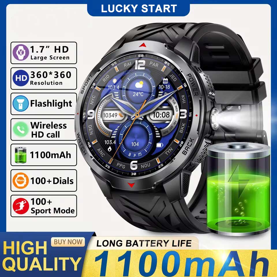 2025 New 1.7-inch Smart Watch Men 1100mAh High-Capacity Battery LED Torch & Compass 3ATM & IP68 Bluetooth Call Sports Smartwatch