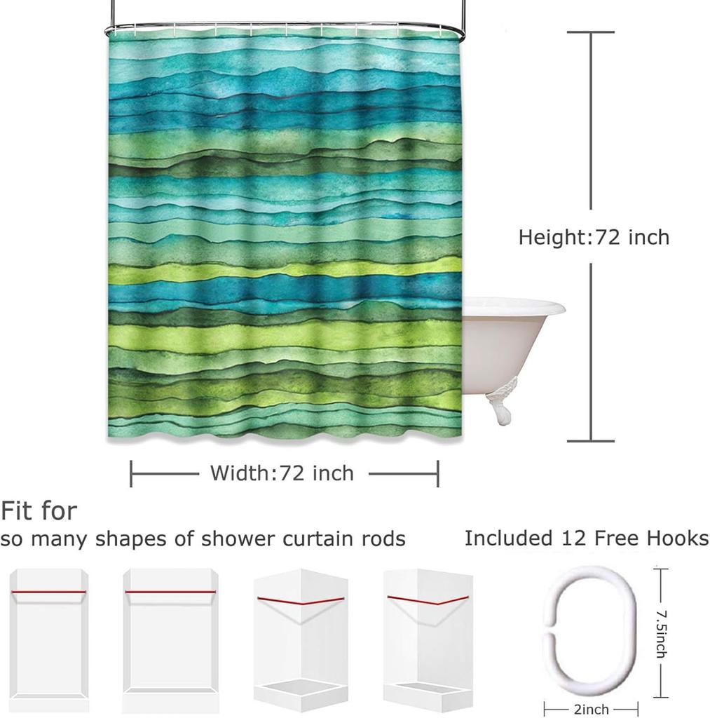 Shower Curtain Abstract Bright Blue and Green Waves Stripped Watercolor Brush Drawn Waterproof Polyester Fabric Set with
