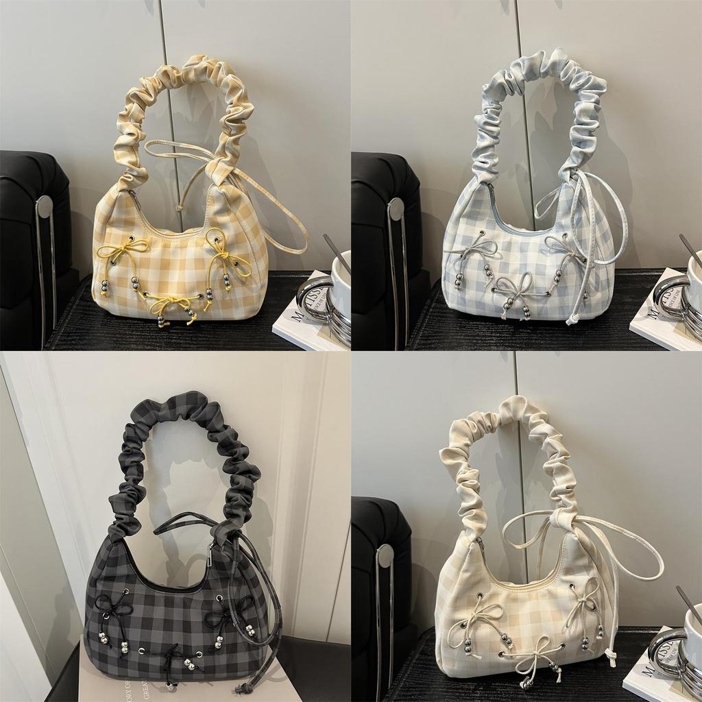 Canvas Bowknot Plaid Cloud Shape Shoulder Bag For Casual Daily Use