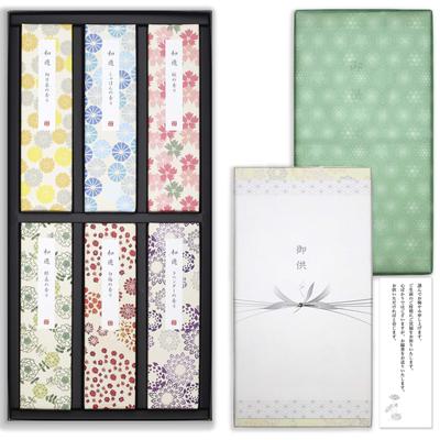 Darčeková kadidlová súprava na vyjadrenie sústrasti [6 druhov Wayu, Santalové drevo, s vnútorným balením a kondolenčnou správou] Vyrobené v Japonsku, Nízka produkcia dymu, Darčekové kadidlo pre budhistov