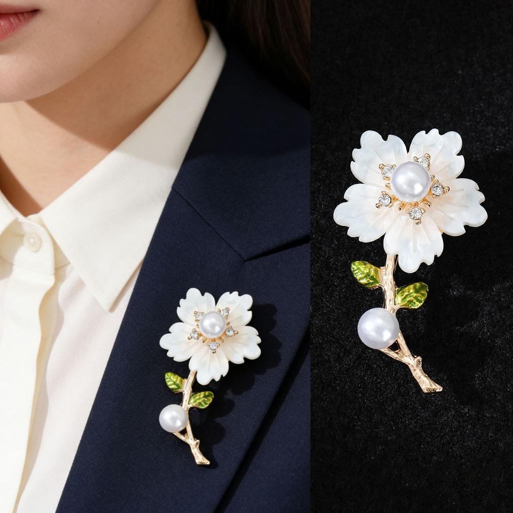 Elegant Flower Pearl Brooch Gold Tone Shell Petal Lapel Pin For Women Suit Coat Dress Jewelry Gift