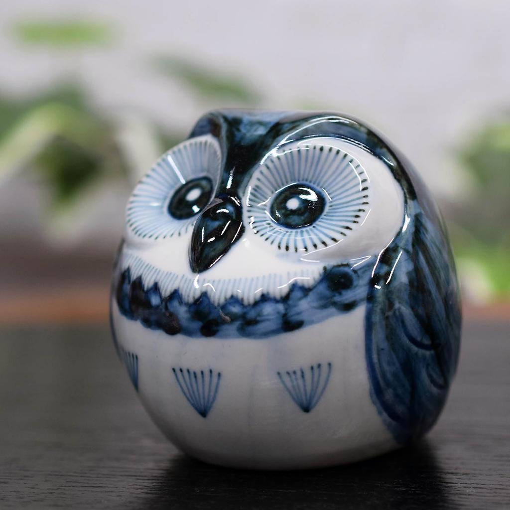 Waza no Kura Stylish Owl Figurine, Kutani Ware, Owl with Jade Design, Blue and White Porcelain, Lucky Charm, High-End Brand Interior Decor Object, Per