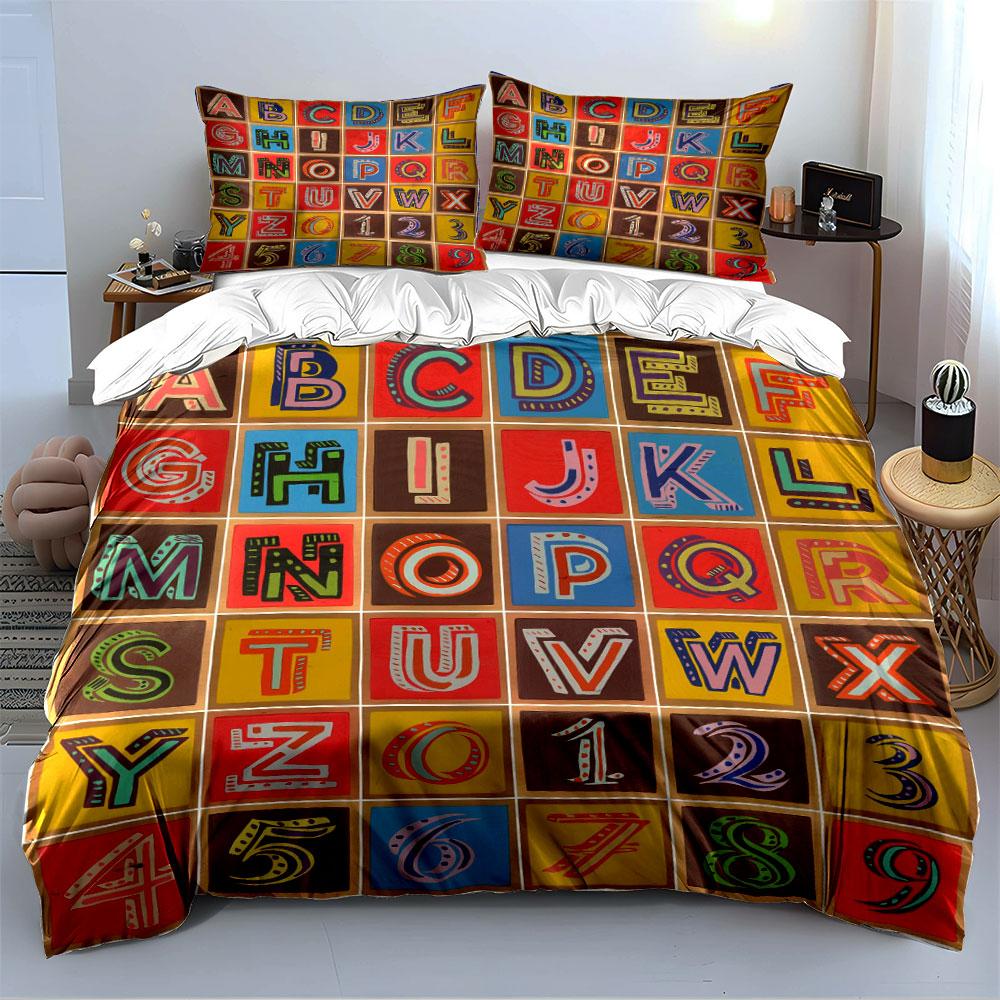 Colorful Alphabet and Numbers Pattern Bedding Duvet Cover Set (1*Duvet Cover 2*Pillowcases, Without Duvet Insert)