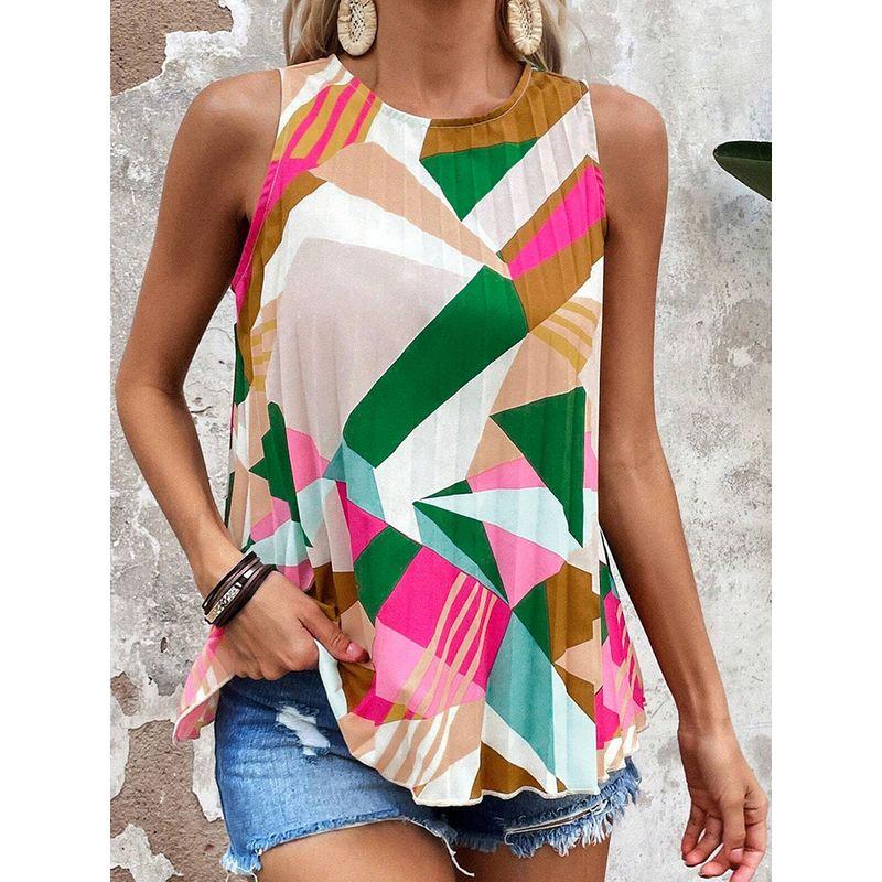 Summer New Arrival Geometric Print Pullover Sleeveless Tops Women 2025 European and American Leisure Loose Color Matching Outwear Vest Women