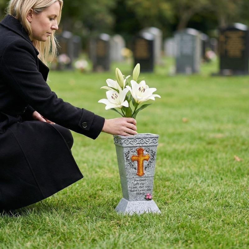 Waterproof Solar Light Cross Grave Vase, Solar Powered Weatherproof Cemetery Flower Holder for Pet & Human Headstones