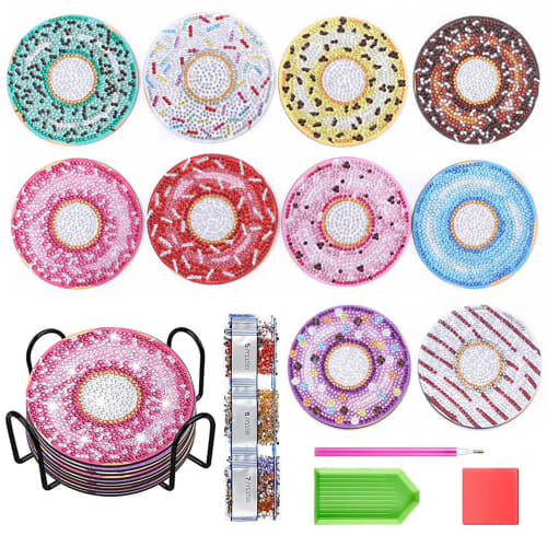 10-Piece Diamond Art Coaster Kit, Donut Design, BetterJonny 5D Diamond Painting Kit with Holder, DIY Wooden Coaster Set for Beginners, Adults, and Kid