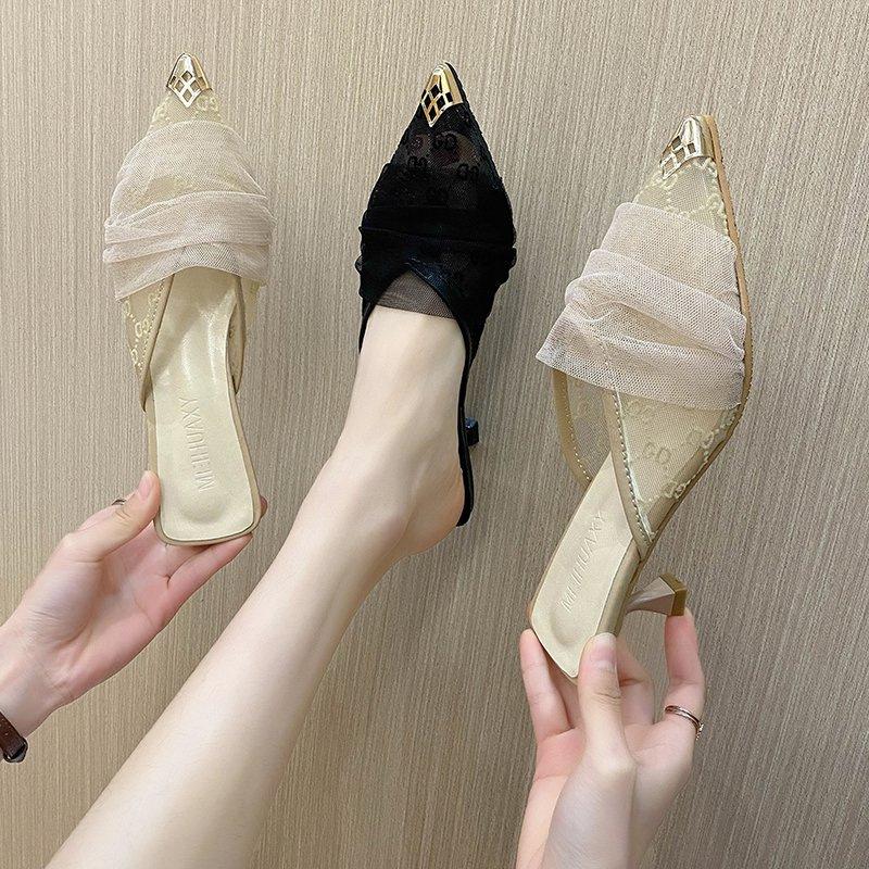 Pointed Stiletto Slippers Women's Outer Wear 2025 New Lace Hollow Temperament Fashion Fairy Style Metal Head Half Drag