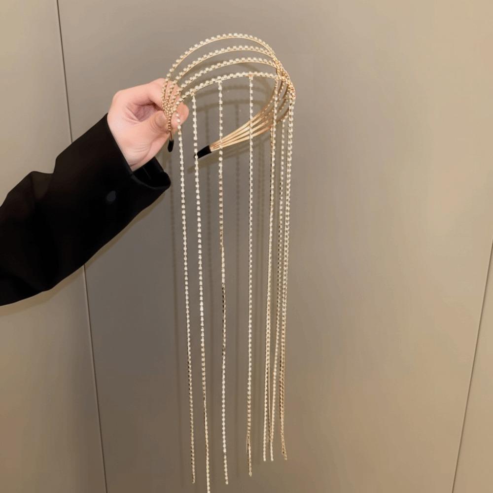 Exaggerated Design Crystal Hair Chain Luxury Long Tassel  Hair Hoop Girls Headwear  Parties
