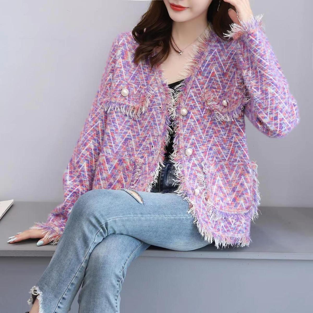 

Корейский стиль, женский кардиган с v-образным вырезом, повседневный вязаный женский свитер с принтом, одежда с карманами и кисточками XL фиолетовый