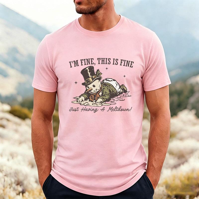 Fun Melting Snowman English Printed Men's T-Shirt Cross-Border Christmas Funny Crew Neck Short Sleeve Comfortable Casual T-Shirt
