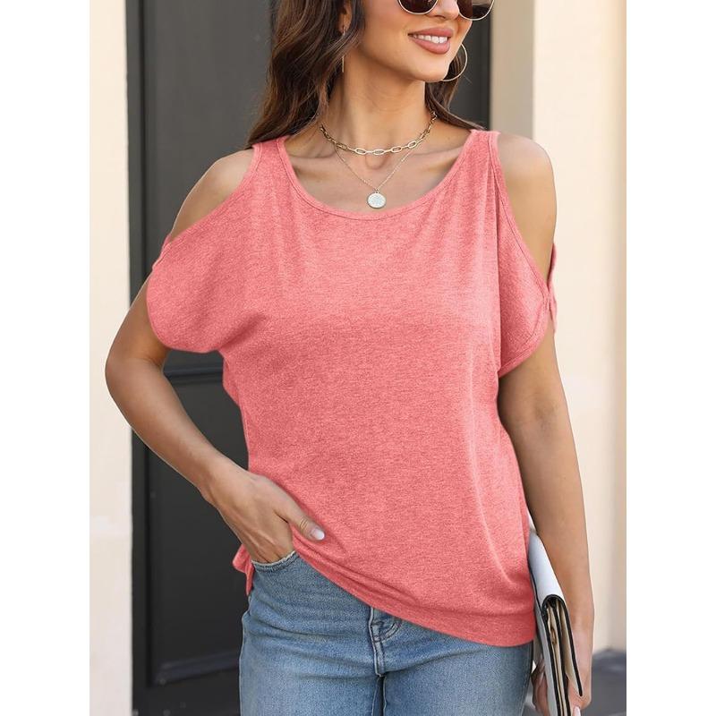 Fashion Off Shoulder Women T-shirt Loose Bat Short Sleeved Casual Top Casual Solid Color Shirts Ladies Lace-up Sweet Basic Tees O Neck Clothing