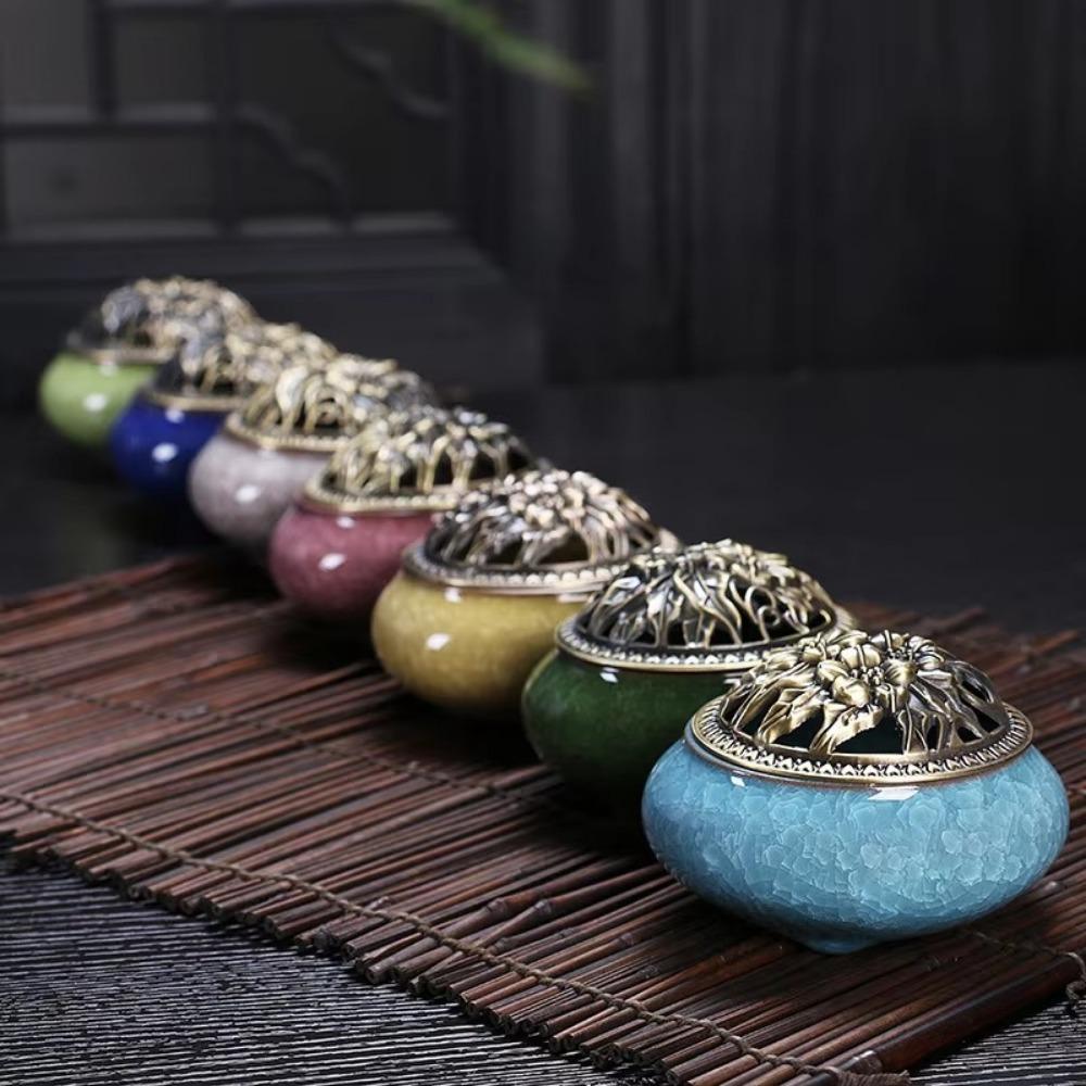 New Ceramic Incense Burner Copper Cover Ice Crack Incense Plate Antique Alloy Sandalwood Stove Home Decoration