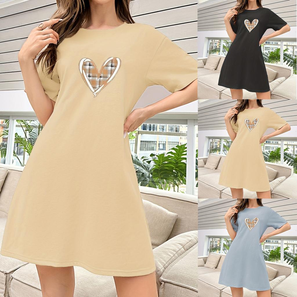 Women's Sleeping Skirt Thin And Sexy Sleeping Skirt Milk Silk Love Printed Short Sleeve Can Be Worn As An Outerwear Sleeping Skirt