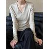 Luxi Damen Minimalistisches V-Ausschnitt Langarm Weiches Basic-Shirt, Herbst 2024 Schlankmachendes High-End Unterhemd (Stil: SS539)