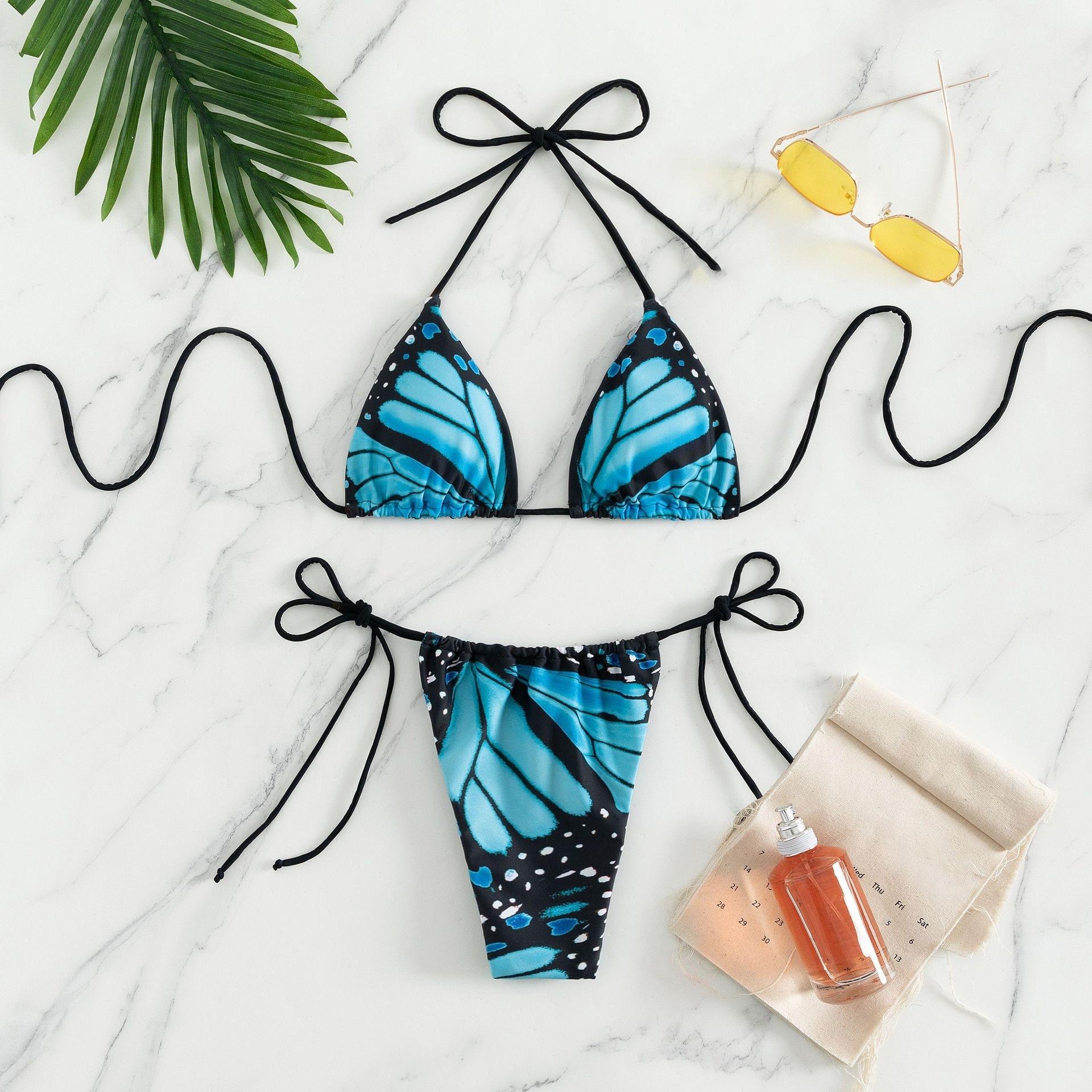 Sexy Hot Girl Bikini Woman Three-point Small Chest Gathered Strap Butterfly Print Split Swimsuit M синий