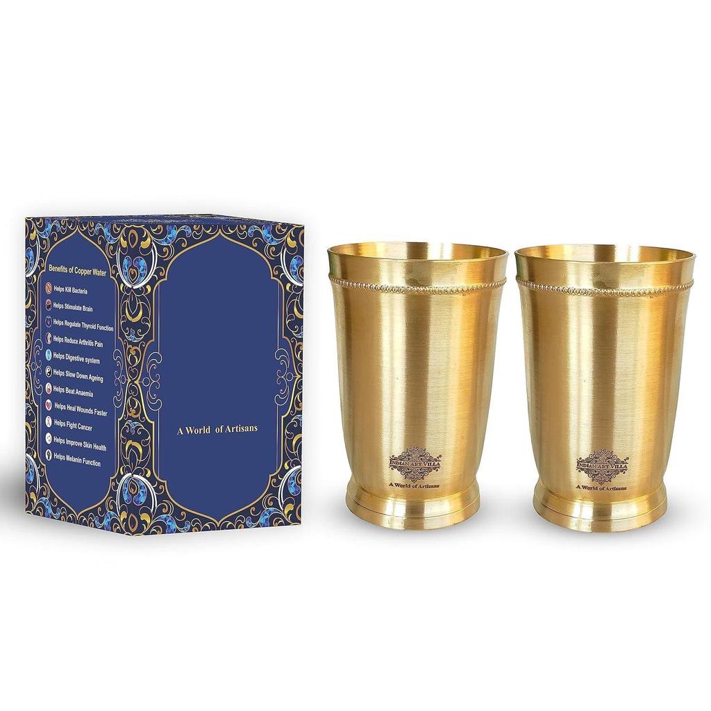 Pahar din alamă pură pentru apă potabilă, Yoga și Ayurveda, Set de 2