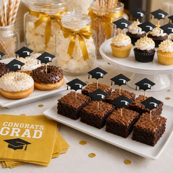 6 Pcs Graduation Cake Toppers Mini Grad Cap Cupcake Toppers Black Glitter Food