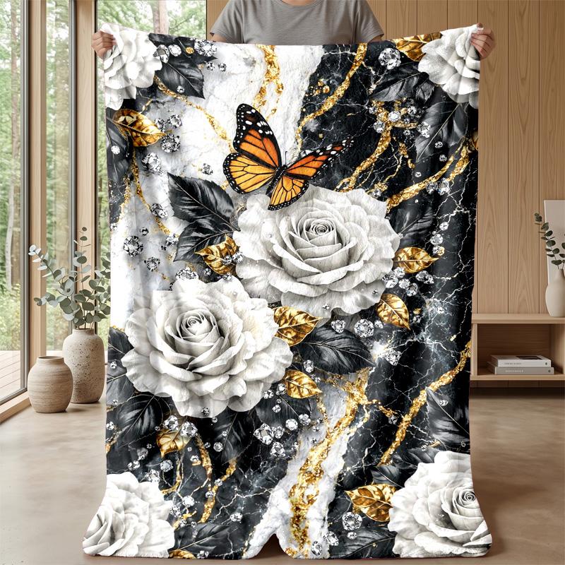 Elegant Rose Butterfly Marble Theme Blanket Lightweight Warm Flannel Blanket Decorative Throw Blanket for Home Decoration
