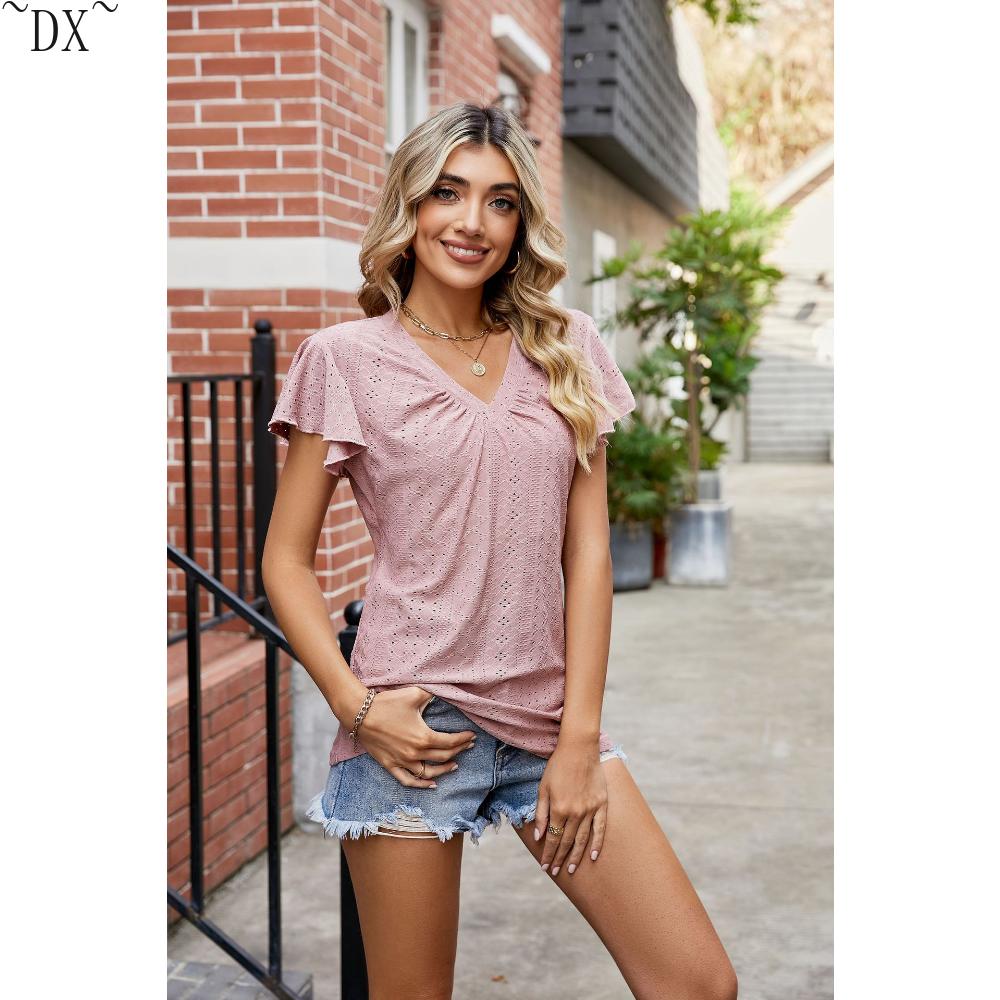 DX~~Summer New Solid Color Double Sleeve V-Neck Loose Short Sleeve T-shirt Top