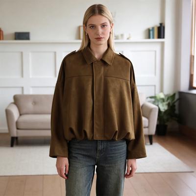 Women's Faux Suede Jacket Oversized Long Sleeve Lapel Pilot Coat Casual Zip Up Snap Coat Fall Spring Outerwear