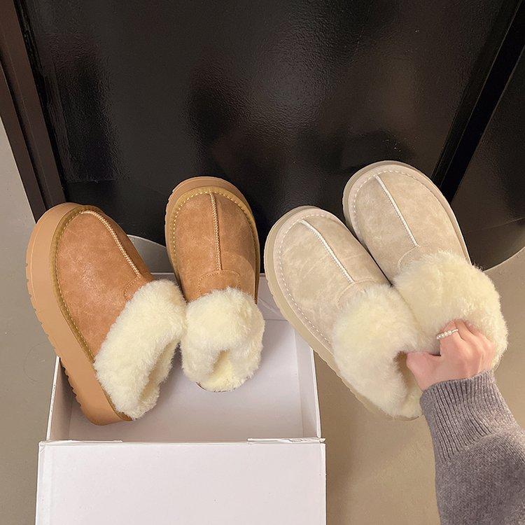 2025 new snow boots women's winter fur integrated wool mouth velvet thick bottom warm outer wear bag head half slippers