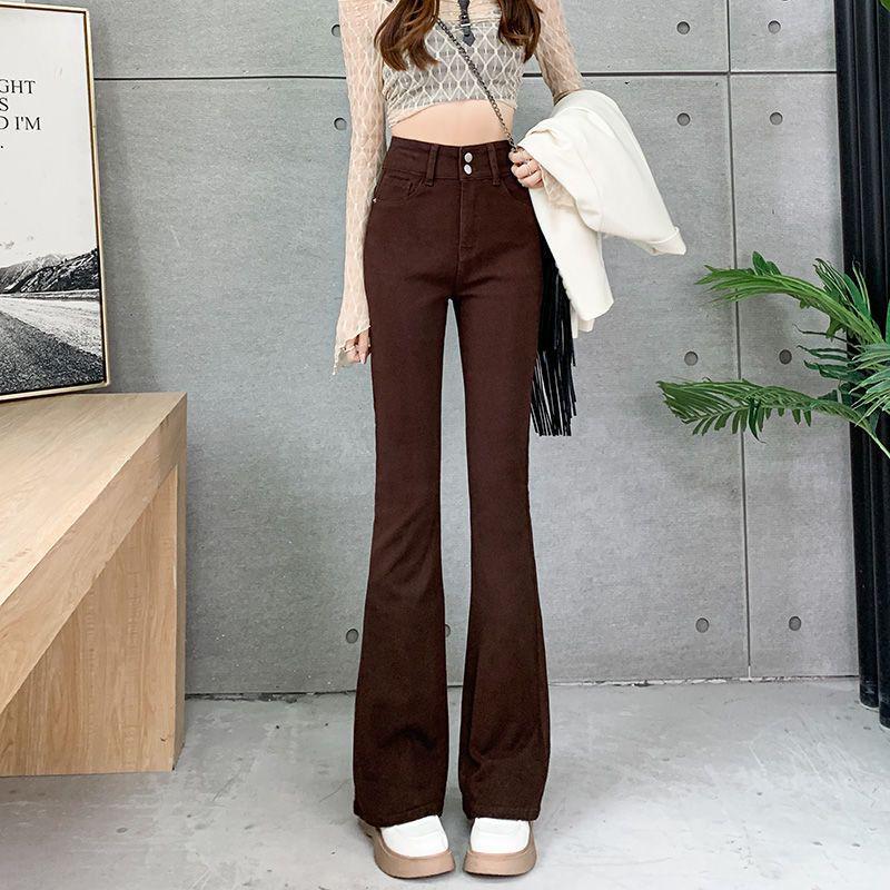 Women's High Waist American Style Brown Flare Jeans, Plus Size, Slimming Bell Bottom - Perfect for 2025 Spring/Autumn Trends.