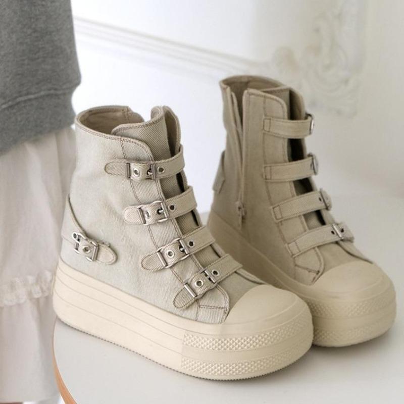 Damskie Buty na Platformie z Płótna Codzienne Outdoorowe Wszechstronne Trampki Wzór z Klamrą Wysokie Buty Modne Buty na Zamek Damskie Botki
