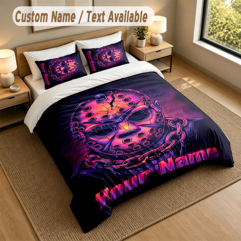 3Pcs Bedding Set Custom Name Text, 1 Sheet 2 Pillowcases Home Bed DecorFriday the 13th Jason Voorhees