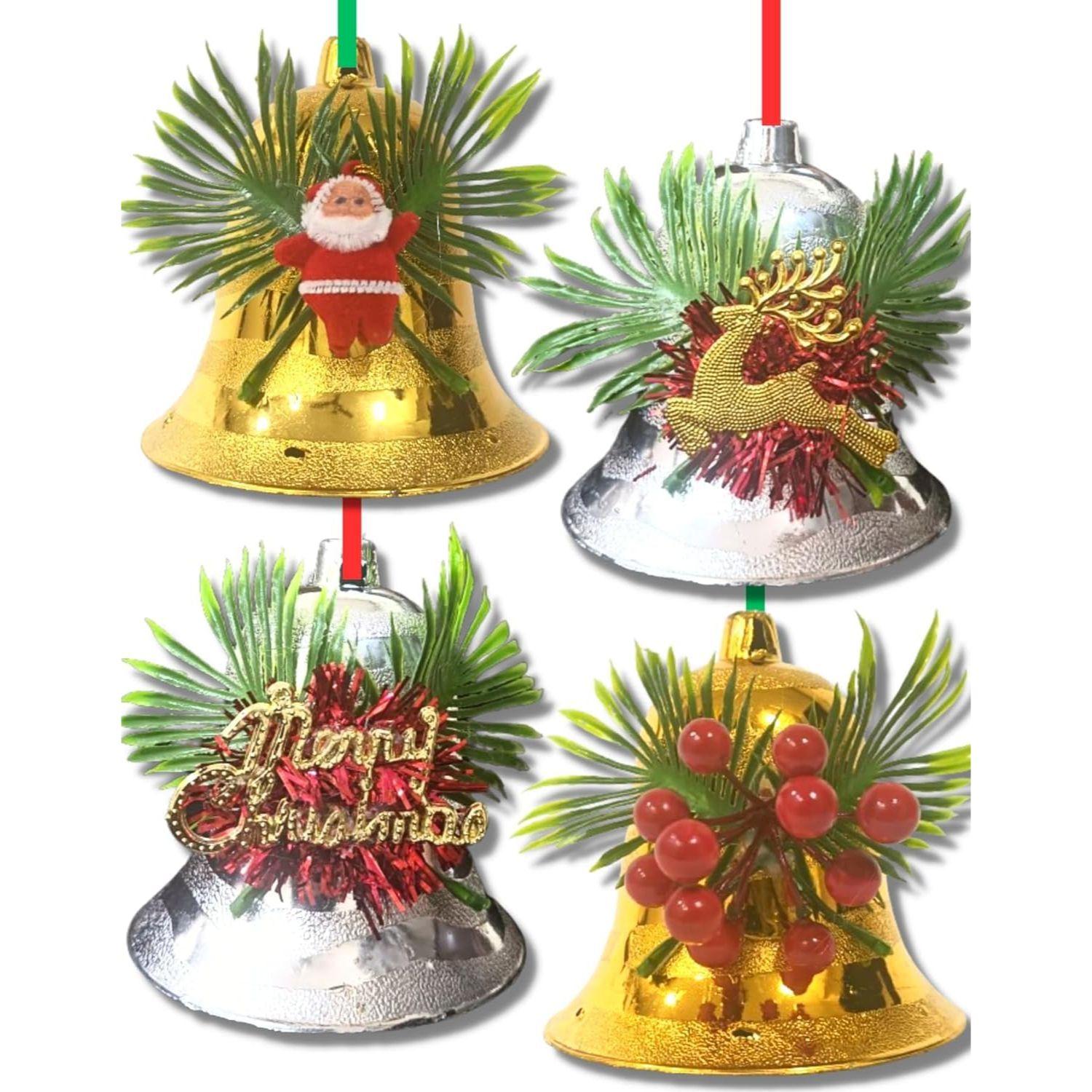

(Set of 4 Big Size) Christmas Decoration Golden Silver Bells Combo Merry Christmas Decorative Items for Xmas Santa Hanging Bells