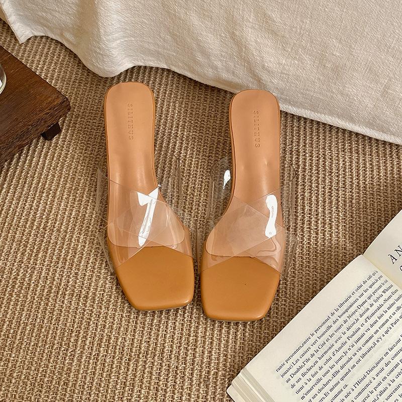 Internet Celebrities Transparent Fairy Style Square Head Thick Heel Slippers Women Summer Wear 2025 New High-end Cool Slippers