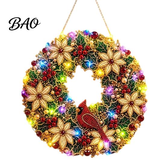 Festive Door Hanging Ornament DIY Acrylic Christmas Faux Pearl Art Kit, Lighted Wreath 3D Beaded Craft Mantelpiece Kit with LED String Light, Beginner